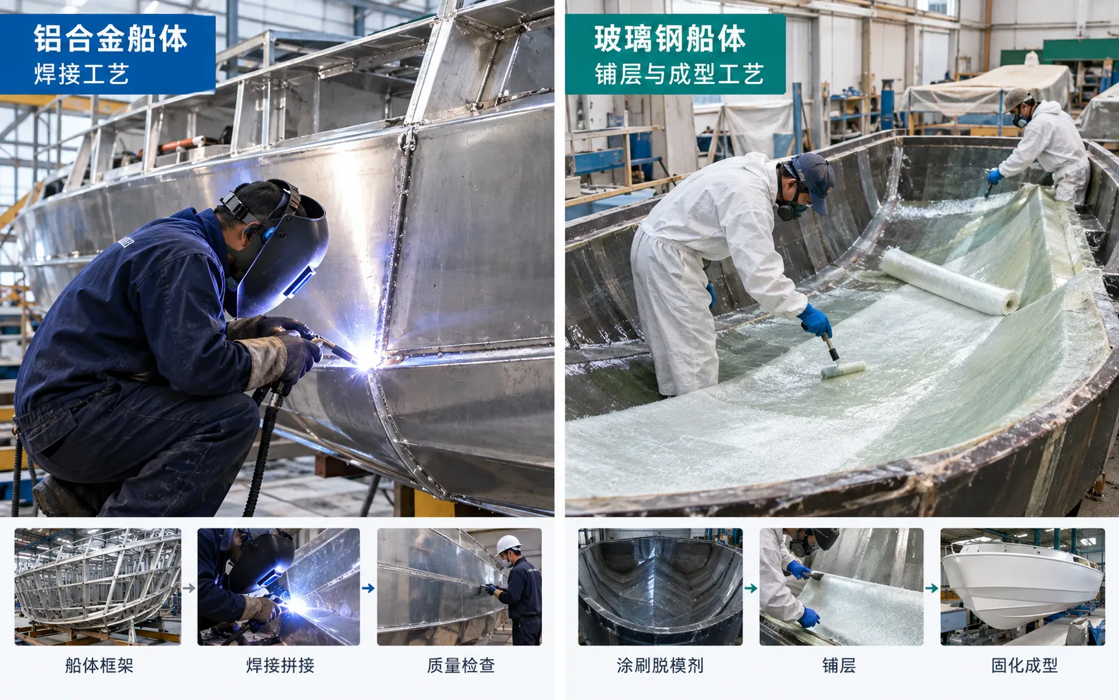 铝合金游艇焊接与玻璃钢船体成型工艺对比